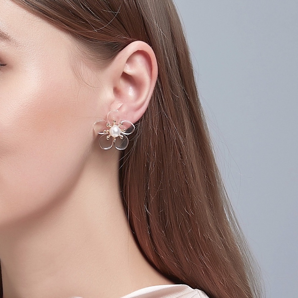 Any 4/$25! Translucent Flower Pearl Stud Earrings - Picture 2 of 10
